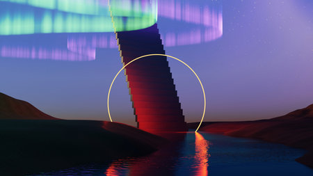3D render, Surreal landscape of dune surround with water and neon light over stair, beautiful night sky background.の写真素材