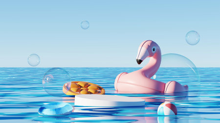 3D render, Podium displays on summer sea ocean with pink flamingo, beach ball and bubble on blue sky background.の写真素材