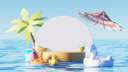 3D render, Podium displays stand on summer sea background with unicorn inflatable ring, duck, beach ball and umbrella.の写真素材