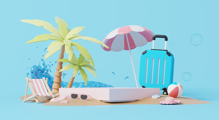 3D render, podium display on sand beach decorate with suitcase, sea, umbrella in summer concept on blue background.の写真素材