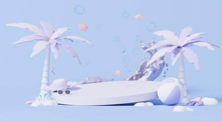 3D render, Minimal summer concept with beach element, tree, sunglasses and ball on purple...