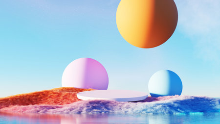 3d Render, Abstract Surreal landscape pastel and colorful grass land with Podium for showing product and floating ball  background.の写真素材