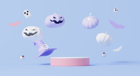 3D render, Halloween party with display podium for mock up product, falling pastel pumpkin, witch hat and other element on purple background.の写真素材