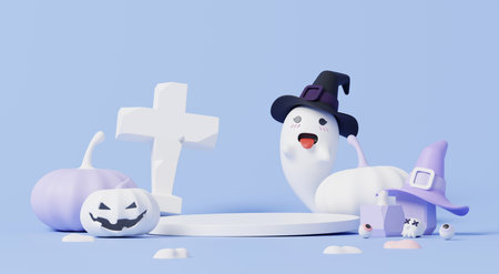 3D render, Happy Halloween party minimal style with display podium stage for product showing decorate with cute spooky element on pastel purple background.の写真素材