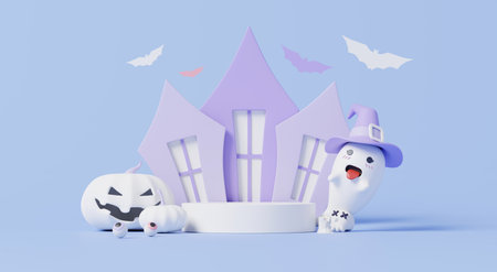 3D render, Happy Halloween party with stage podium decorate with spooky house, ghost, pumpkin and bat in minimal style on pastel purple background.の写真素材