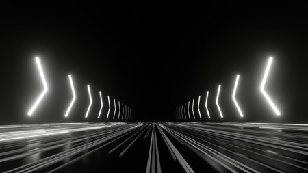 3d Render, Glowing fast speed white light through dark background, racing highway patch, hyper speed warp technology and futuristic scene.の写真素材