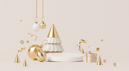 3D render, Merry Christmas festive with podium stage decorated with Christmas elements on pastel background.の写真素材