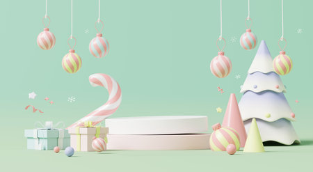 3D render, pastel Christmas holiday scene with empty podium, abstract decorations, candy cane, gift boxes, and tree, in soft mint green background.の写真素材
