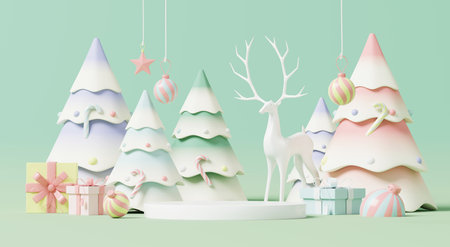 3D render, Pastel Christmas scene with empty podium, Christmas trees, reindeer, hanging ornaments, and candy cane, festive holiday in soft mint green background.の写真素材