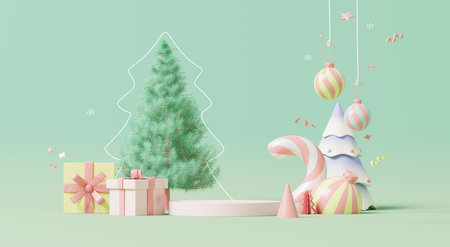 3D render, pastel Christmas holiday scene with empty podium, candy cane, gift boxes, abstract Christmas tree, and hanging ornaments on green background.の写真素材