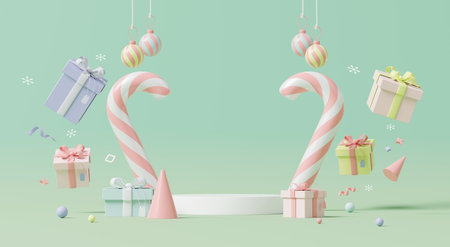 3D render, Pastel Christmas background with display pedestal stage for showing product decorated with candy cane, falling gift boxes and ornament balls.の写真素材