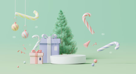 3D render, Pastel Christmas scene with empty display podium, surrounded by colorful gift boxes,...