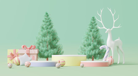 3D render, Colorful Christmas festive holiday with display podiums decorated with pastel gift boxes, tree and ball on green background.の写真素材