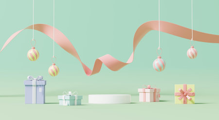 3D render, Christmas Podium display for product banner with hanging holiday ornaments with pastel...