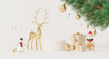 3D render, Christmas and new year background with empty podium, minimal festive golden reindeer, Santa, snowman, gifts, and tree branches with elegant ornaments.の写真素材