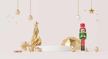 3D render, Merry Christmas holiday background with empty podium for showing product, nutcracker with...