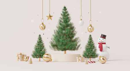 3D render, Merry Christmas and happy new year background with empty podium, festive scene with snowman, trees, gifts, and golden ornaments in minimalist concept.の写真素材