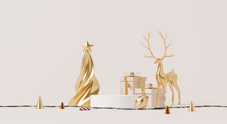 3D render, Merry Christmas and happy new year background with empty podium, minimal decorations with golden reindeer, tree, gifts, and festive accents.の写真素材