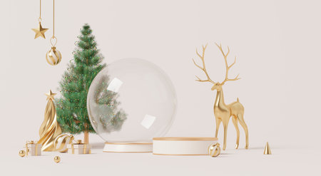 3D render, Merry Christmas and happy new year background with empty podium, golden decorations, reindeer, snow globe, tree, and festive ornaments.の写真素材