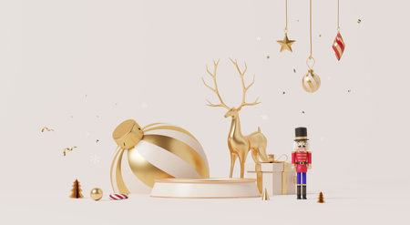 3D render, Merry Christmas and happy new year background with podium display platform, Gold Christmas ornaments, reindeer, nutcracker, and festive decorations.の写真素材
