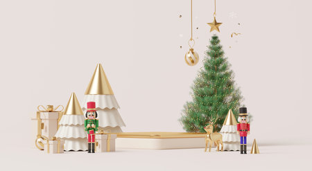 3D render, Happy new year and Merry Christmas background with Podium stage decorated with nutcracker and golden Christmas trees with festive gifts.の写真素材