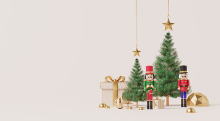 3D render, Happy new year and Merry Christmas background decorated with nutcracker, gifts and trees...
