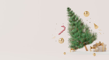 3D render, Happy new year and Merry Christmas scene with festive Christmas tree, golden ornaments and wrapped gifts on snow.の写真素材