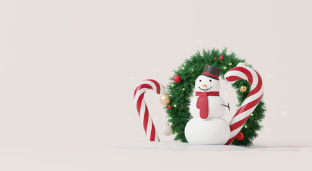 3D render, Happy new year and Merry Christmas scene with festive snowman, candy canes and Christmas wreath.の写真素材