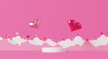 3D render, Romantic pink scene with display podium for showing product,  floating heart balloons and soft white clouds on pastel backgroundの写真素材