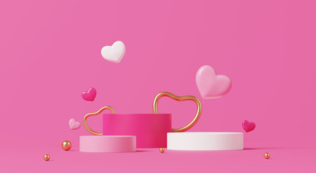 3D render, Minimal pastel podiums with floating pink and white hearts on vibrant pink backgroundの写真素材