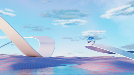 3D render, futuristic surreal landscape with floating glass sphere on sleek curved platforms over pastel desert.の写真素材