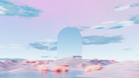 3D render, Serene surreal desert landscape with reflective arch and pastel colored skyの写真素材