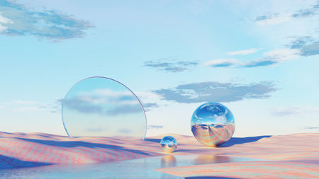 3D render, Futuristic surreal landscape with reflective spheres and curved mirrors in a serene...