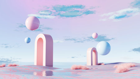 3D render, Dreamy surreal landscape with pastel arches and floating spheres in serene environmentの写真素材