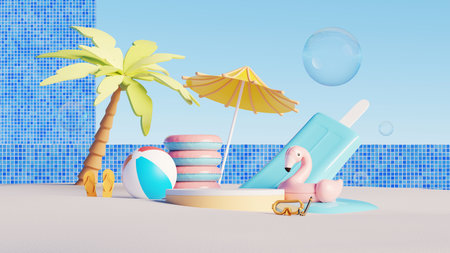 3D render, Colorful poolside scene with empty podium display, flamingo float, beach accessories, and ice creamの写真素材
