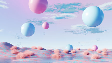 3D render, Surreal floating spheres in pink and blue landscape with soft clouds