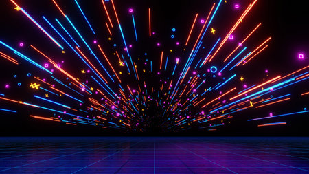 3d render, Abstract neon light trails and glowing geometric symbols in futuristic digital tunnelの写真素材