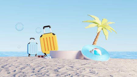3D render, Empty podium on summer beach vacation background with palm tree and travel luggageの写真素材