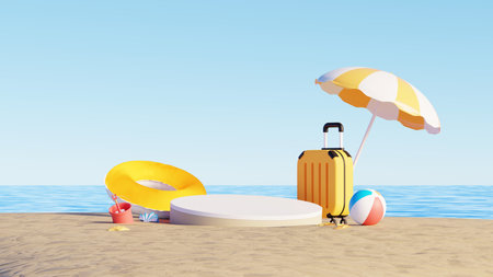 3D render, Summer beach vacation scene with display podium for showing product, suitcase and yellow umbrellaの写真素材