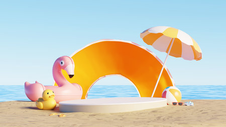 3D render, Summer Beach scene with empty display podium for showing product, flamingo float, umbrella, and orange inflatable ringの写真素材