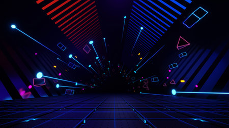 3d render, Abstract neon glowing tunnel with blue and red stripes and floating geometric shapes backgroundの写真素材