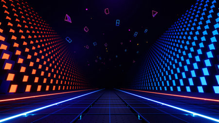 3d render, Abstract futuristic digital corridor with neon red and blue cubes and glowing shapes backgroundの写真素材