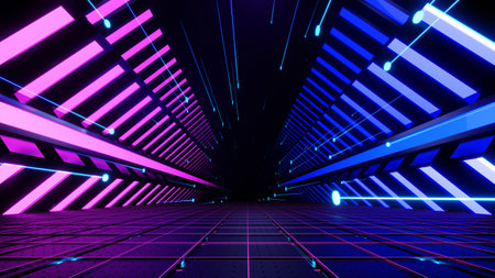 3d render, Abstract neon futuristic tunnel with pink and blue glowing lines and grids background