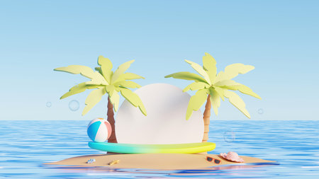 3D render, Tropical Summer beach island background with display podium, palm trees, surfboard, and ocean viewの写真素材