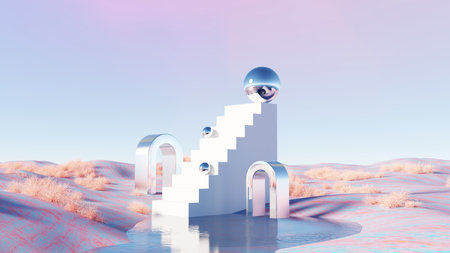 3D render, Futuristic surreal landscape desert with white staircase and chrome spheresの写真素材