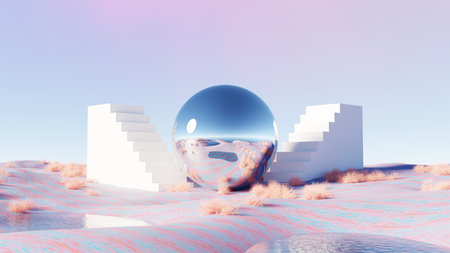 3D render, Surreal landscape mirror sphere between twin staircases in pastel desert backgroundの写真素材