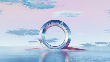 3D render, futuristic metallic ring sculpture on pastel island over calm water