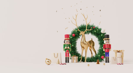 3D render, Golden reindeer and nutcracker soldiers with Christmas wreath and gifts on beige...