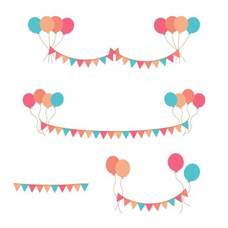 Bunches of colorful balloons in flat style vector isolated on white background. Colorful flags. Holiday banner.のイラスト素材