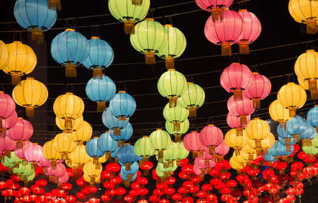 A group of colorful Chinese lanternsの写真素材